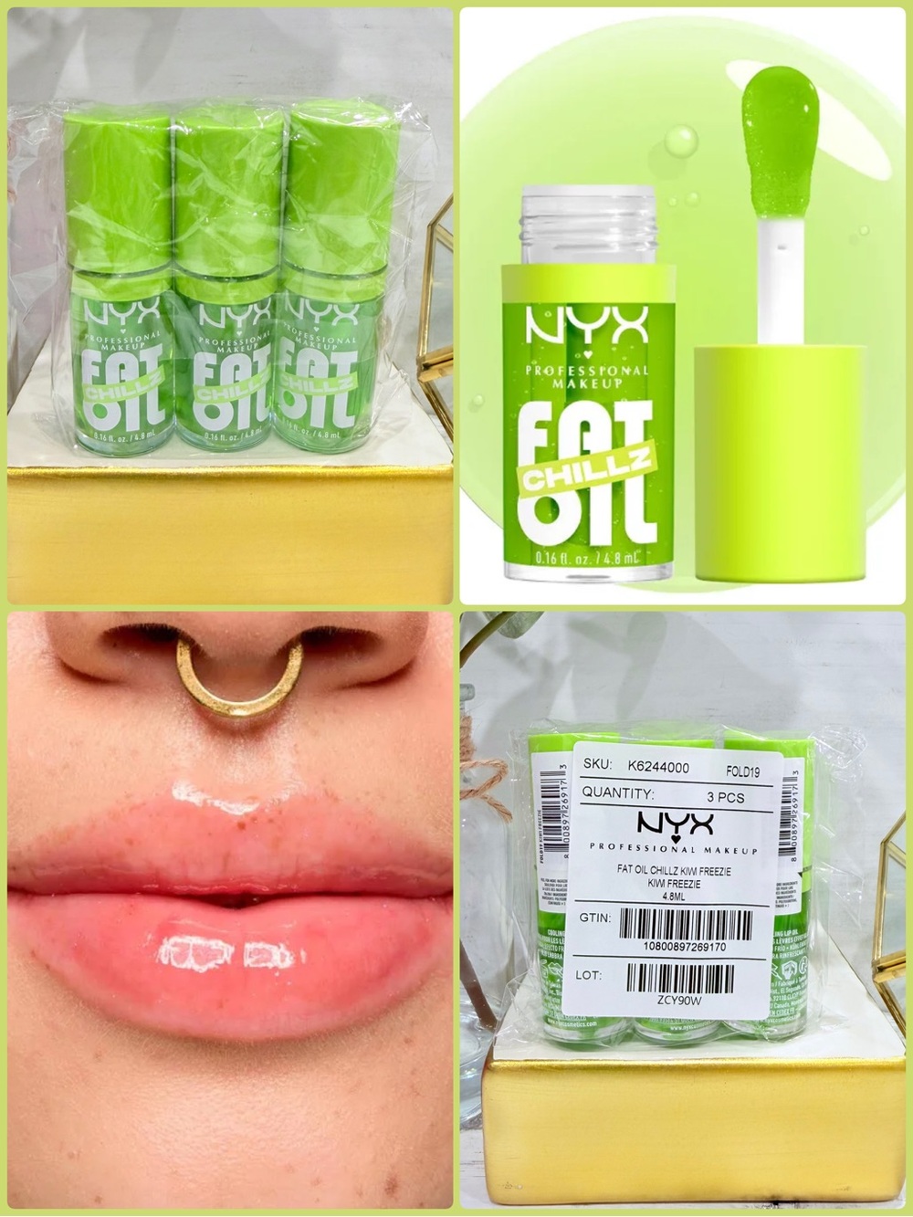 NYX Fat Oil Chillz Lip Oil Kiwi Freezie Bundle of 3 New Sealed Cooling Lip Oil